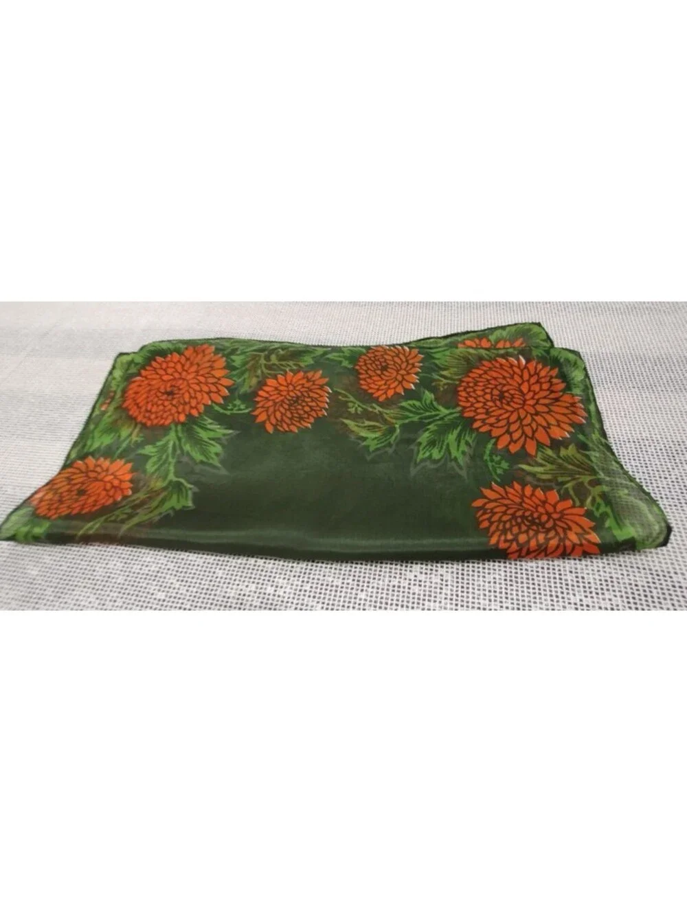 Vintage 40s Orange Floral Handkerchief Fine Silk Neck Scarf 1940s Colors Green
